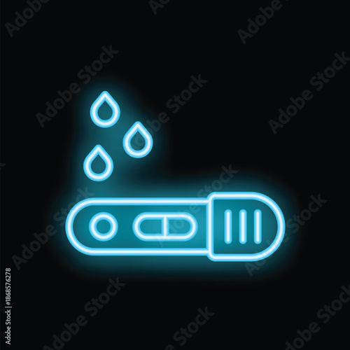 Neon icon of a pregnancy test showing positive result with urine drops
