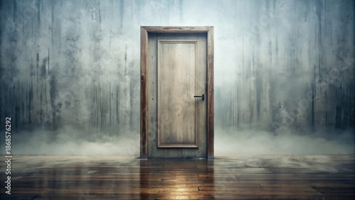 A solitary aged wooden door stands in a misty room with a weathered concrete wall and polished wooden floor, hinting at mystery and the unknown.