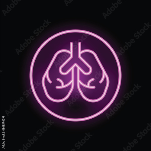 Glowing neon sign depicting human lungs inside a circular frame, set against a dark background