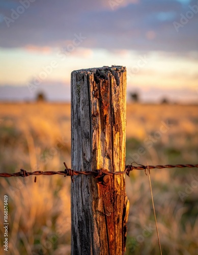 Weathered Wooden Fence Post Bathed In Golden Sunset Light With Barbed Wire Across Dry Grass Field