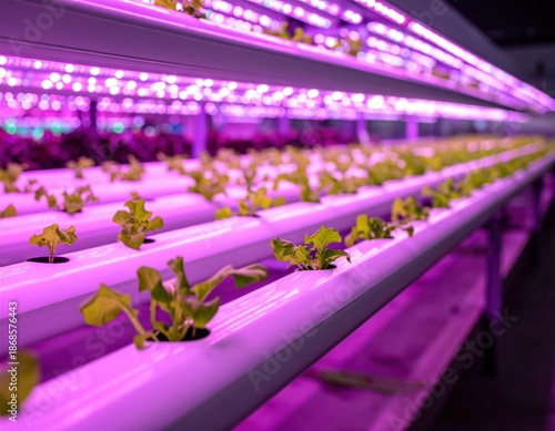 Rows Of Young Lettuce Plants Growing Under Purple Led Grow Lights In A Hydroponic Farm With Clean Modern Racks