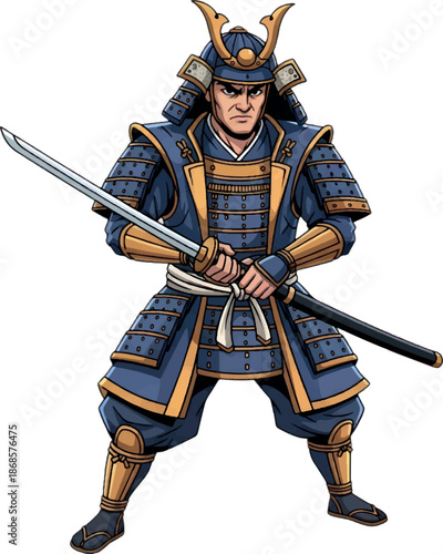 samurai warrior in blue armor with sword.