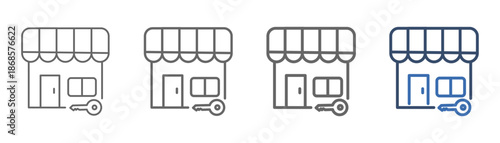 
outline icon set market entry strategy with market design and key