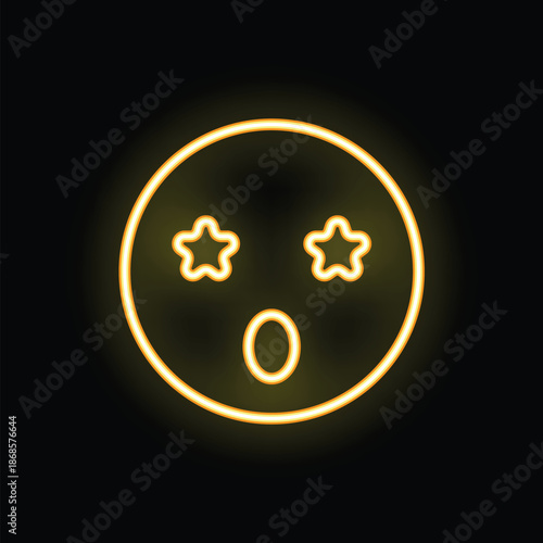 Yellow neon light shaped into an emoticon with open mouth and starry eyes, expressing surprise on a dark background