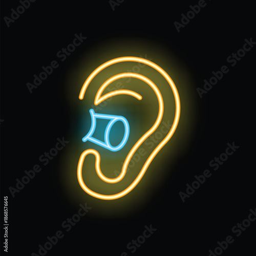 Glowing neon outline of an ear with a hearing aid, symbolizing hearing care and audiology services