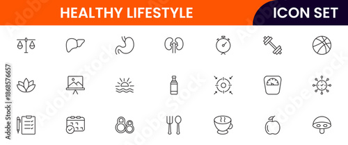 Vibrant vector web line icons depicting healthy lifestyle, fitness, nutrition, wellness, exercise, and balanced habits for vibrant living.
