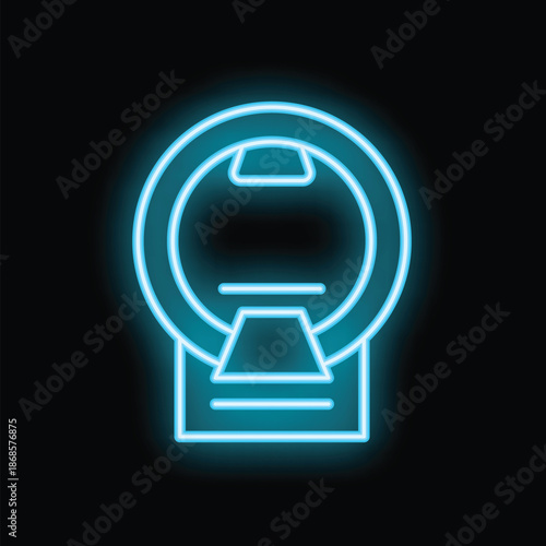 Blue glowing neon icon of a mri scanner machine, representing medical imaging technology