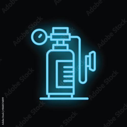 Glowing neon icon of a medical oxygen tank, ideal for healthcare and medical themes