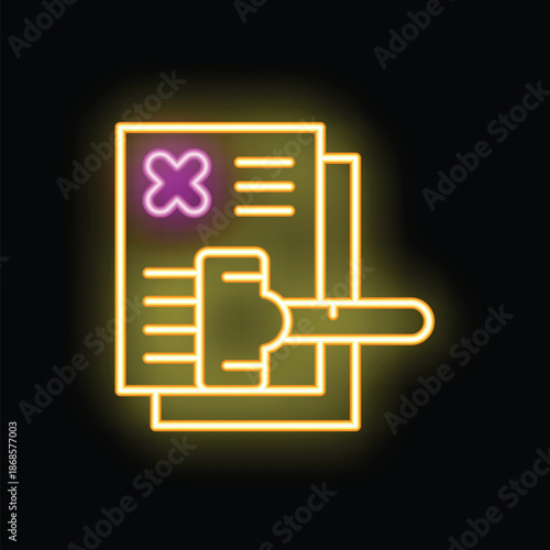 Neon icon of a stamp canceling a document, representing contract termination or agreement cancellation