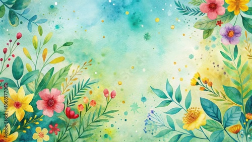 Vibrant Watercolor Floral Design Featuring an Array of Colorful Blossoms and Lush Greenery, Perfect for Invitations, Greeting Cards, or Decorative Prints