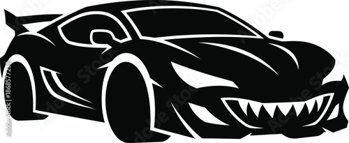 A black and white illustration of a sports car with a menacing grin