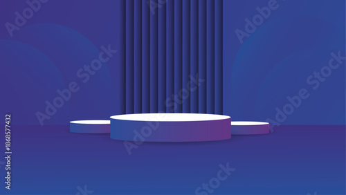 Minimal studio product display podium scene with soft natural light blue wall background vertical line panel texture round cylinder platforms mockup for cosmetics luxury branding and commercial 3d 