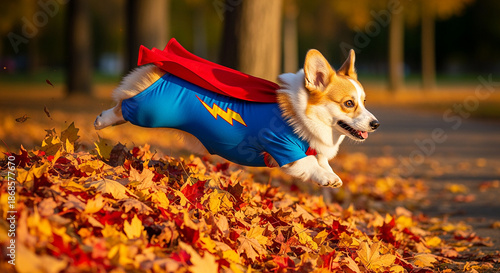 Welsh corgi pembroke dog wearing superhero costume jumping in autumn park.
