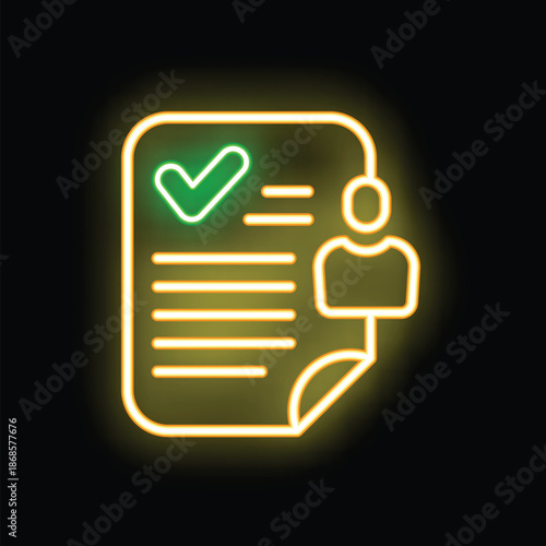 Glowing neon icon of a resume with a check mark approving candidate profile for job position