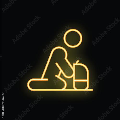 Yellow neon style icon of person kneeling and praying with glowing halo over black background