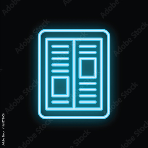 Bright blue neon icon of a digital tablet displaying a news feed on its screen on a black background