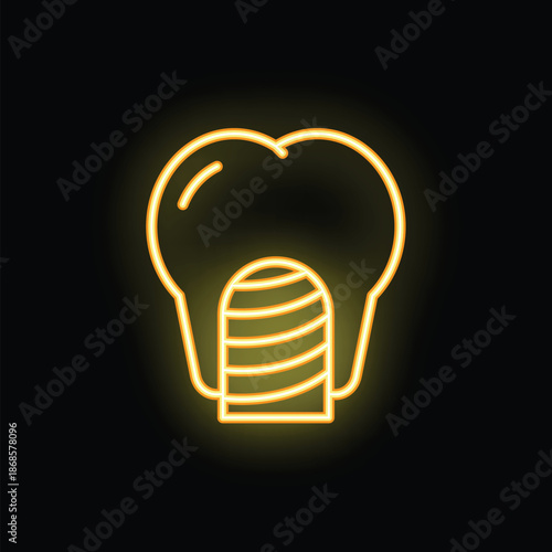 Neon yellow icon of a dental implant glowing on a black background, representing dental care and oral hygiene