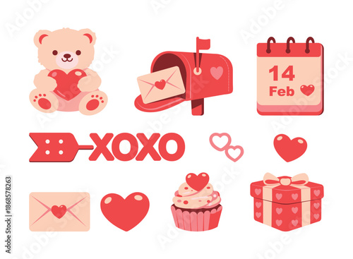 Cute collection sticker of vector icons celebrating Valentine’s Day, including teddy bear with heart, mailbox, calendar Feb 14, cupcake, gift box, XOXO. For Valentines Day greeting card, scrapbooking