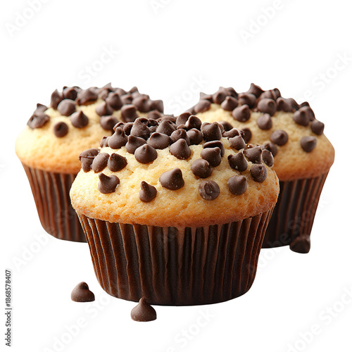 Three chocolate chip muffins displayed against a transparent background