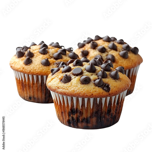 Three chocolate chip muffins on isolated background
