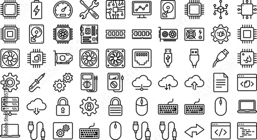 Computer hardware and technology line icon set featuring CPU, GPU, memory, cooling, storage, cloud, security, networking, peripherals, and electronic components in outline style