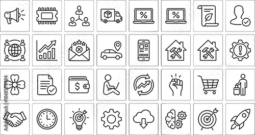 Business and startup line icon set featuring marketing, finance, analytics, logistics, customer service, growth strategy, shopping, teamwork, productivity, and management symbols in outline style