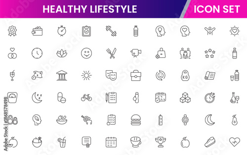 Vibrant vector web line icons depicting healthy lifestyle, fitness, nutrition, wellness, exercise, and balanced habits for vibrant living.