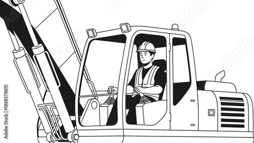 Construction worker operating an excavator in a simplified line art illustration