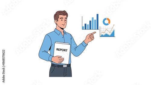 Business professional presenting a comprehensive report, highlighting key data and financial analytics with dynamic charts and graphs for strategic decision-making