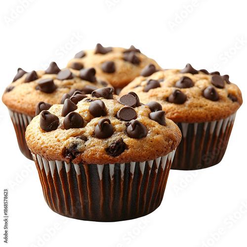 Three chocolate chip muffins ready to eat