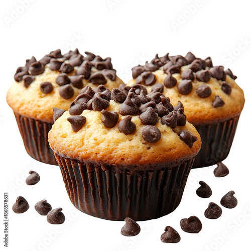 Three chocolate chip muffins with transparent background