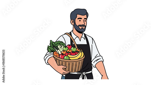 Bearded man in an apron proudly carrying a wicker basket overflowing with an abundant assortment of fresh, organic fruits and vegetables, symbolizing healthy eating and local market produce