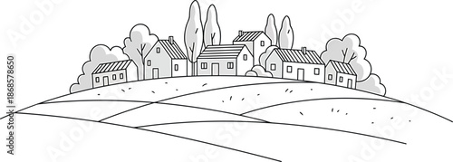 Serene village scene with houses and trees on rolling hills in simple line art style