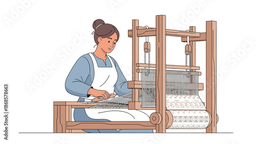Skilled woman meticulously weaves intricate textiles on a traditional wooden loom, demonstrating the timeless art of craftsmanship and handmade fabric creation