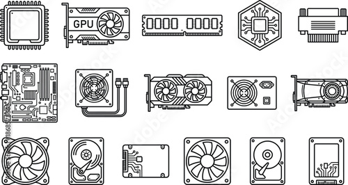 Computer hardware line icon set featuring CPU, GPU, RAM, motherboard, power supply, cooling fans, hard drives, SSD, and PC components in clean black outline style
