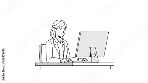 Focused professional woman diligently working at her computer, engaged in digital tasks and data processing in a modern and productive office environment, illustrating efficient corporate workflow