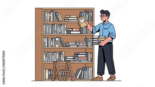 Illustration of a man organizing books on a wooden bookshelf, a stepladder nearby, suggesting order and learning