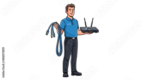 Friendly IT professional holding a router and network cables, ready to install and support high-speed internet connectivity for homes and businesses seamlessly