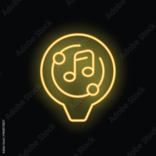 Yellow neon icon of a light bulb containing musical notes, representing the concept of music creation