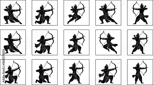 Archer warrior silhouette pose set with bow and arrow, dynamic fighting stances, traditional Indian mythological character black vector icons