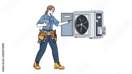 HVAC technician inspecting an air conditioning unit on a white background