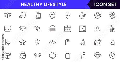 Vibrant vector web line icons depicting healthy lifestyle, fitness, nutrition, wellness, exercise, and balanced habits for vibrant living.