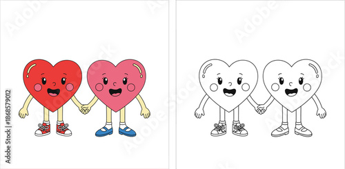 Cute cartoon couple hearts holding hands, colored and outline vector for coloring book
