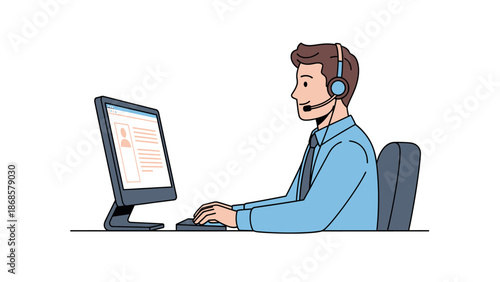 Dedicated professional providing online customer support and technical assistance with a headset at a computer workstation, embodying efficient digital communication for modern business
