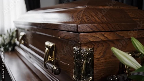 Wooden coffin with gold handles and white lilies in a funeral home. Closed casket at a memorial service with soft window light. Mourning and death concept