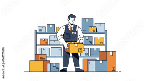 Efficient warehouse management illustration featuring a worker organizing packages on shelves, representing modern logistics, supply chain, and delivery services for businesses