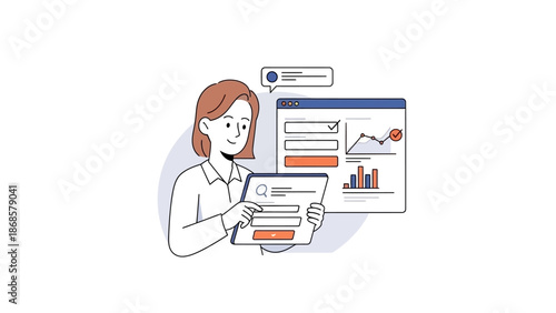 Young woman efficiently managing online data, filling digital forms, and analyzing business statistics on a tablet with a dashboard interface