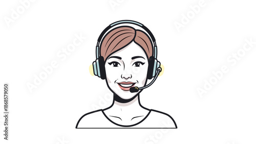 Smiling woman in a headset providing virtual customer support, a friendly avatar representing online assistance and communication services with a cheerful expression