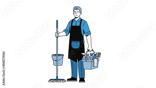 Diligent male professional cleaner in a neat uniform and apron, expertly holding a mop, bucket, and essential cleaning supplies caddy, prepared for comprehensive hygiene tasks