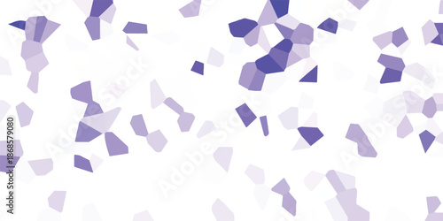 Scattered mosaic of irregular purple and white geometric shapes with varying opacity and saturation creating a vibrant, abstract, and modern background pattern for design and decoration